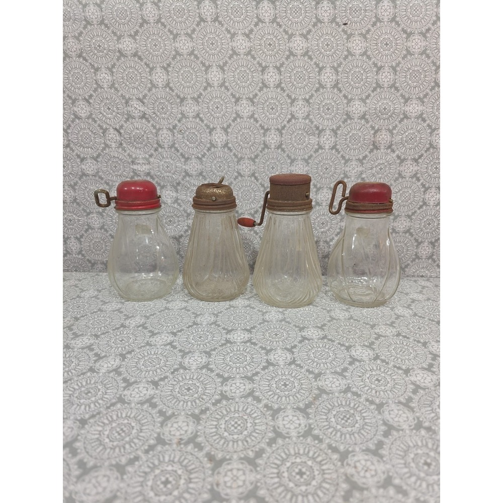 Vintage Glass Kitchen Spice Grinders Set of‎ 4 Red Brown Metal Tops